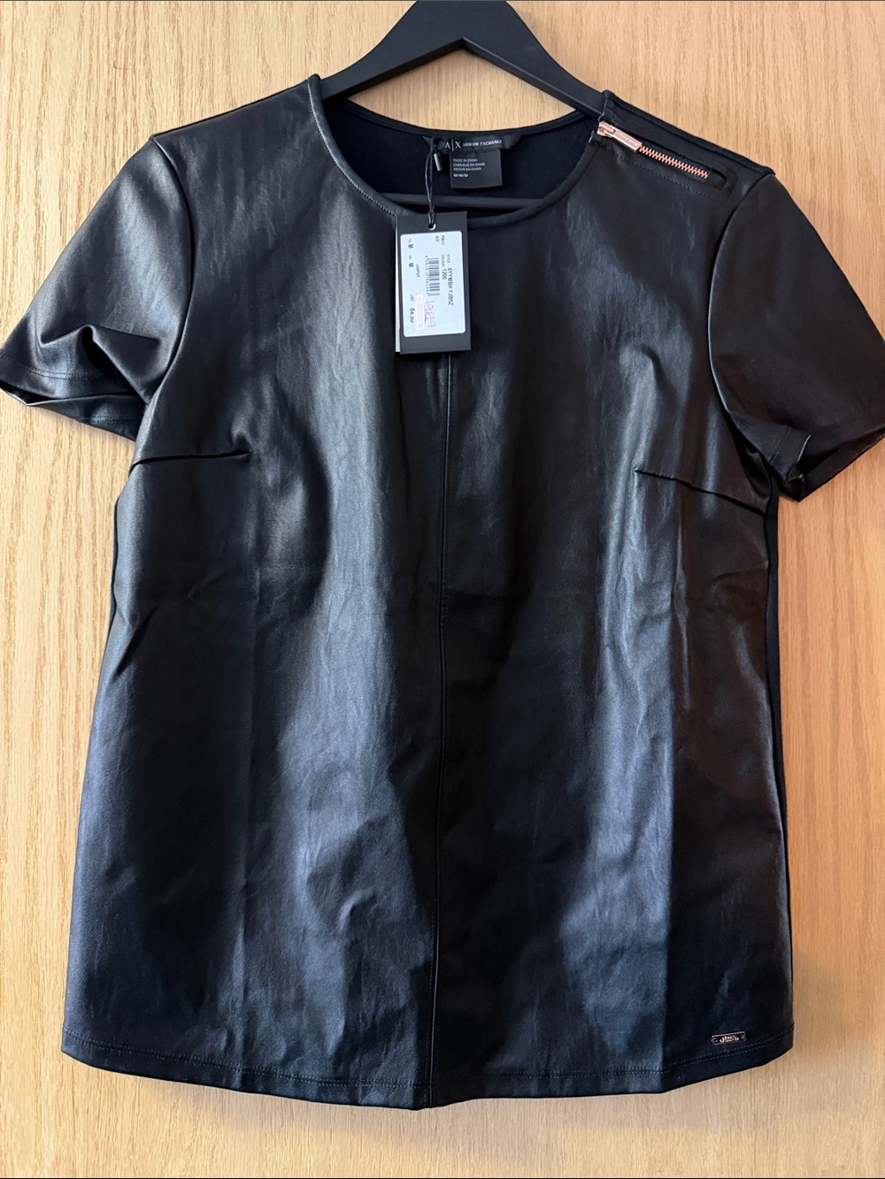 Armani Exchange Black Faux Leather Short Sleeve Top